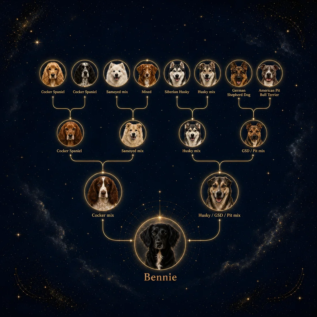 Bennie's family tree: three generations of dog portraits in thin gold circular frames joined by gold connectors, on a deep navy starfield. Bennie himself is the largest circle at the foot, a black long-coated dog with a white chest, his name set in gold beneath him.