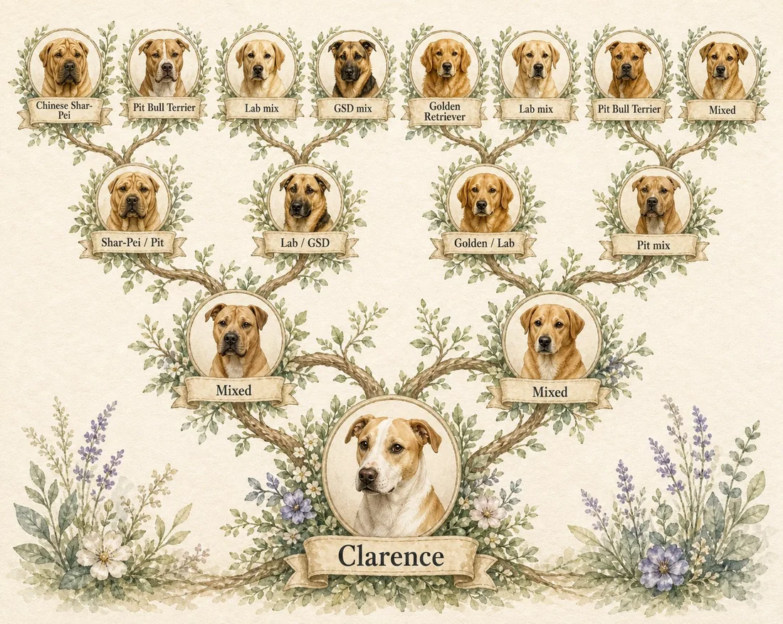 Clarence's family tree: the same three generations carried on the branches of a painted watercolour tree, portraits in oval frames with small ribbon labels, wildflowers across the foot, on cream paper.